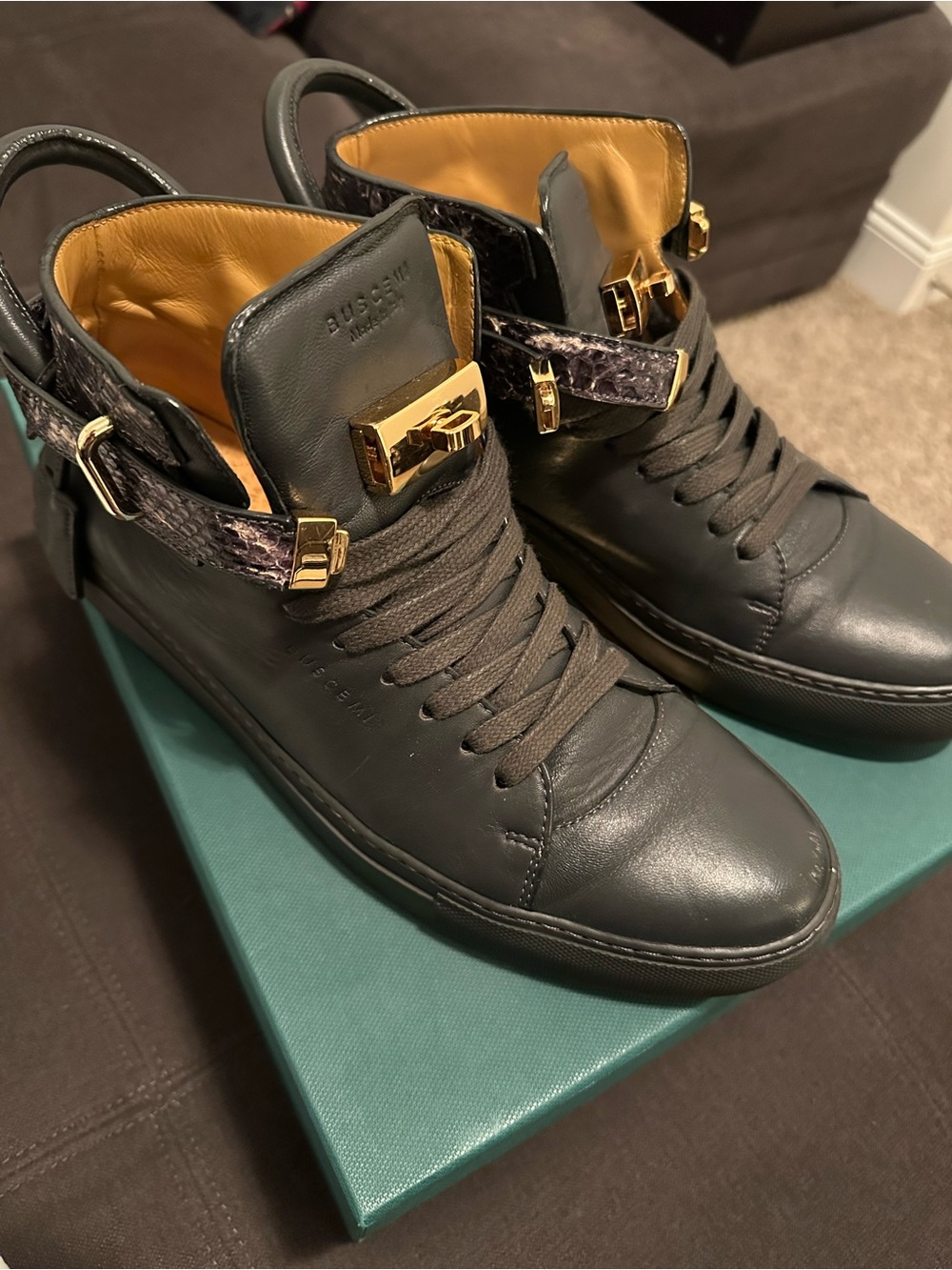 Buscemi High-Top Leather Sneakers with Gold Hardware - Charcoal/Elephant US12